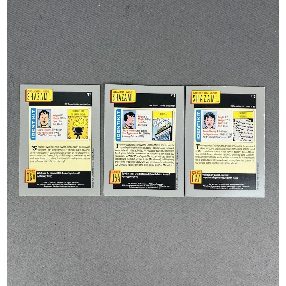 1991 DC Comic Cards SHAZAM! Hero Heritage Set Of 3